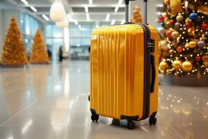 maleta con Navidad árbol en fondo, de cerca. fiesta viaje ai generado foto