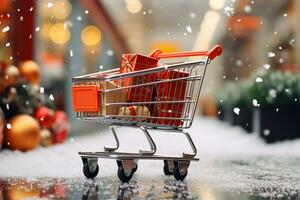 Shopping cart with gift boxes on bokeh background. Christmas shopping concept AI Generated photo