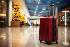 Suitcase with Christmas tree on background, closeup. Holiday travel AI Generated photo