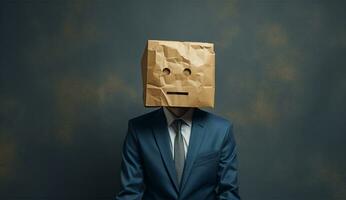 Businessman standing and gesturing with a cardboard box on his head with smiley face AI Generated photo