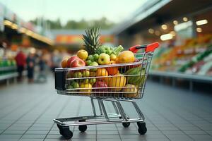 Shopping cart full of fresh fruits and vegetables in supermarket. Shopping concept AI Generated photo