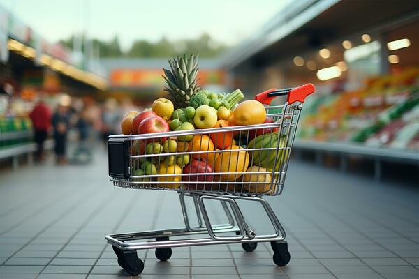 un supermercado carro lleno de diferente frutas y vegetales. blanco  antecedentes. generativo ai 23009446 Foto de stock en Vecteezy