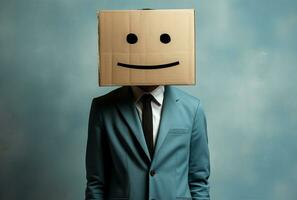 Businessman standing and gesturing with a cardboard box on his head with smiley face AI Generated photo