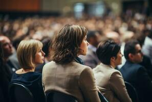 Speaker at Business Conference and Presentation. Audience in the conference hall. Rear view of unrecognizable people in audience AI Generated photo