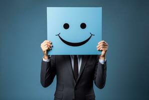 Businessman standing and gesturing with a cardboard box on his head with smiley face AI Generated photo