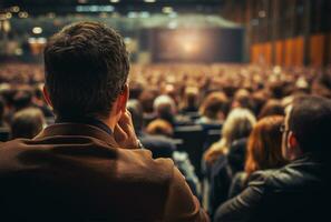 Speaker at Business Conference and Presentation. Audience in the conference hall. Rear view of unrecognizable people in audience AI Generated photo
