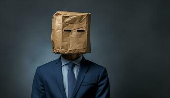 Businessman standing and gesturing with a cardboard box on his head with smiley face AI Generated photo