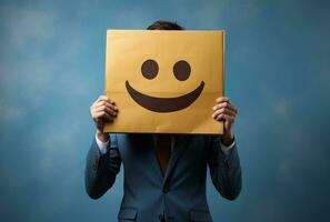 Businessman standing and gesturing with a cardboard box on his head with smiley face AI Generated photo