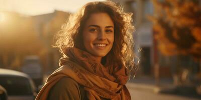 Beautiful young woman with curly hair on city street. Autumn season AI Generated photo