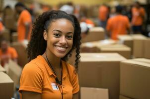 Portrait of smiling female warehouse worker sitting in front of boxes in warehouse AI Generated photo