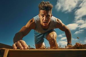 Handsome young man in sportswear doing push-ups outdoors AI Generated photo