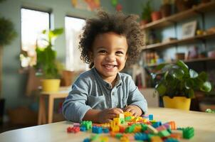 Portrait of cute african american little girl playing with building blocks at home AI Generated photo