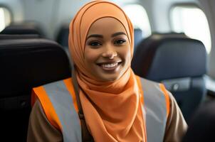 hermosa africano americano mujer de negocios en hijab sonriente a cámara en avión ai generado foto