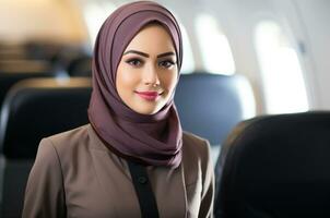 Hijab woman in airplane cabin. Travel and transportation concept AI Generated photo