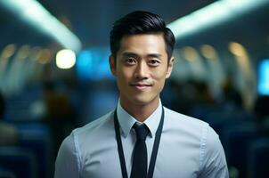 Portrait of young asian business man in airplane cabin. Travel and tourism concept AI Generated photo