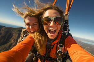 contento Pareja tomando selfie con parapente en el montañas ai generado foto