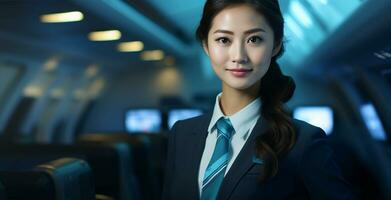 retrato de asiático mujer de negocios en avión, ella es un vuelo asistente ai generado foto