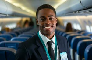 retrato de sonriente africano americano empresario en avión cabina ai generado foto