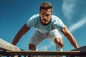 Handsome young man in sportswear doing push-ups outdoors AI Generated photo