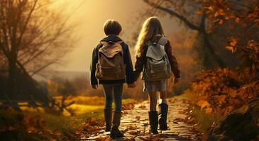 espalda ver de Adolescente niño con mochilas caminando ai generado foto