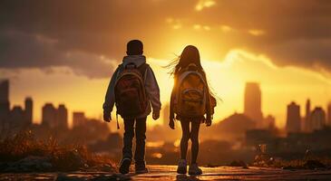 Back view of teenage child with backpacks walking AI Generated photo