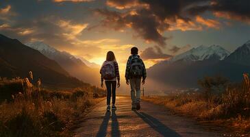 espalda ver de Adolescente niño con mochilas caminando ai generado foto