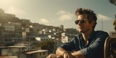 hermoso joven hombre en Gafas de sol sentado en el balcón y disfrutando el ver de el ciudad ai generado foto