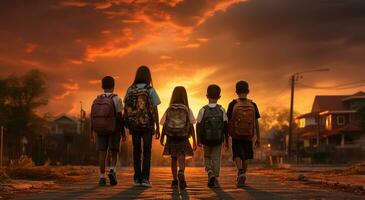 espalda ver de Adolescente niño con mochilas caminando ai generado foto