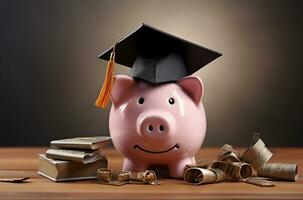 Piggy bank with graduation cap and coins. Education concept AI Generated photo