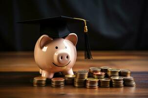 Piggy bank with graduation cap and coins. Education concept AI Generated photo