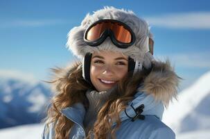 Close-up portrait of a beautiful girl in a ski suit and goggles AI Generated photo