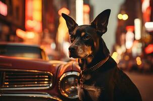 perro mirando fuera de el coche ventana a puesta de sol ai generado foto