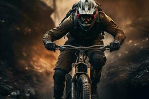 Cyclist Riding the Mountain Bike on the Dirt Road. Extreme Sport Concept AI Generated photo