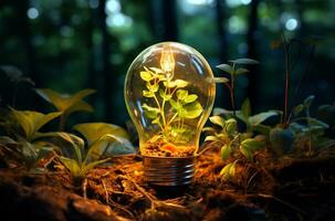 ligero bulbo con pequeño planta dentro en oscuro bosque. ecología concepto ai generado foto