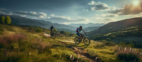 montaña andar en bicicleta en el montañas a puesta de sol. deporte y activo vida concepto ai generado foto