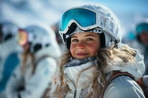 Portrait of young girl in helmet and goggles at ski resort AI Generated photo