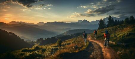 montaña andar en bicicleta en el montañas a puesta de sol. deporte y activo vida concepto ai generado foto