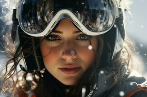 Close-up portrait of a beautiful girl in a ski suit and goggles AI Generated photo