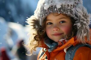 retrato de joven niña en casco y gafas de protección a esquí recurso ai generado foto