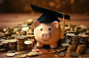 cerdito banco con graduación gorra y monedas educación concepto ai generado foto