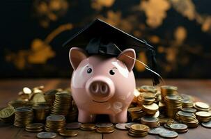 Piggy bank with graduation cap and coins. Education concept AI Generated photo