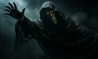 Scary halloween concept with scary zombie man on dark background AI Generated photo