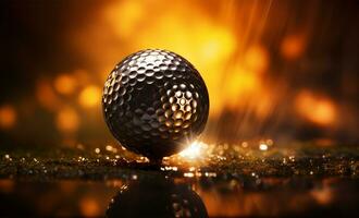 Golf ball with golden bokeh background AI Generated photo