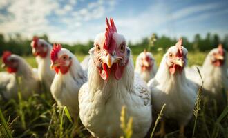 chickens on traditional free range poultry farm in sunset light AI Generated photo