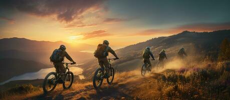 Mountain biking in the mountains at sunset. Sport and active life concept AI Generated photo