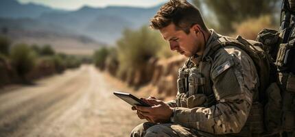 Handsome young soldier using digital tablet while sitting on dirt road AI Generated photo