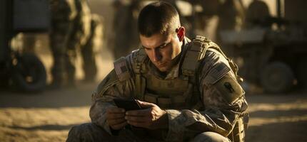 Handsome young soldier using digital tablet while sitting on dirt road AI Generated photo