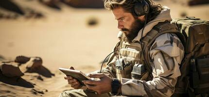 Handsome young soldier using digital tablet while sitting on dirt road AI Generated photo