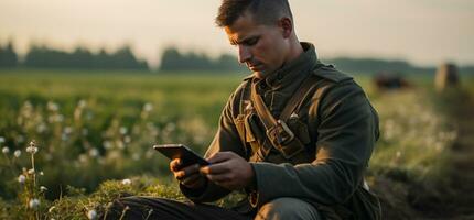 Handsome young soldier using digital tablet while sitting on dirt road AI Generated photo