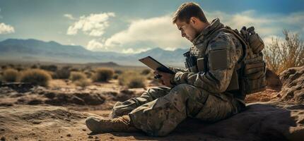 Handsome young soldier using digital tablet while sitting on dirt road AI Generated photo